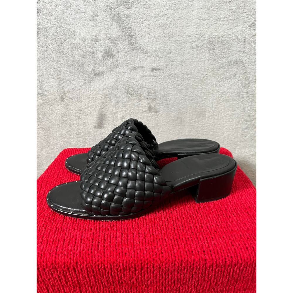 Freda Salvador Black Woven Leather Slide Sandals Block Heel Mule Slip On 8.5